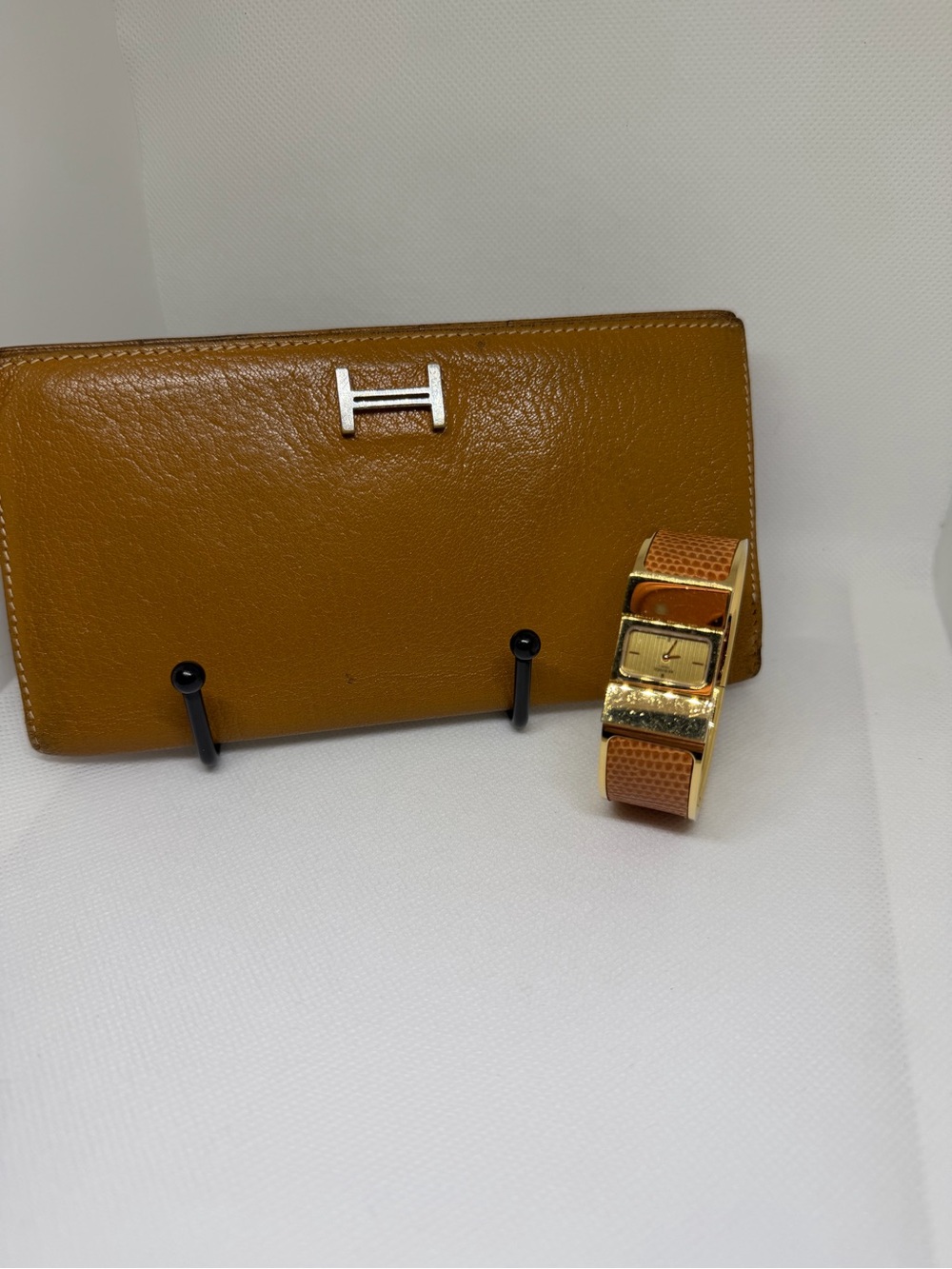 Hermes bundle. Tan Leather Continental Wallet with Silver H AND Clic clac watch